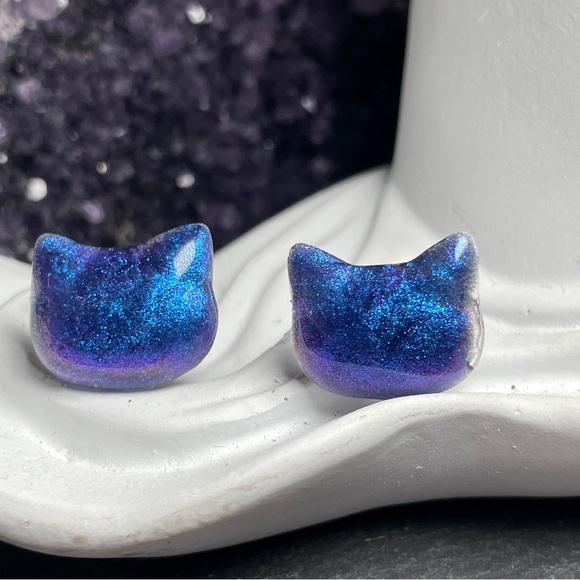 Custom Purple and Blue Sparkling Cat Hand Crafted Stud Post Earrings - Picture 8 of 10